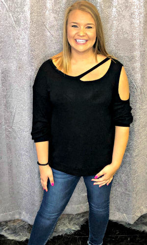 My Own Vibe - Waffle Knit Long Sleeve Top with Cutout Neckline