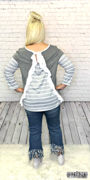 All in the Details! Grey Striped Ruffle Tee