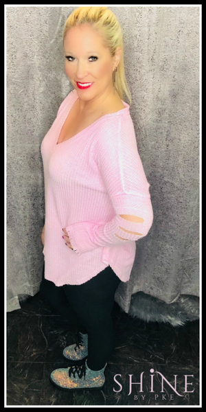 Too Good Distressed Waffle Knit Top - Pink