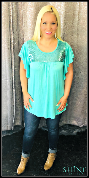 You Were Born to Sparkle! Sequin Top - Turquoise