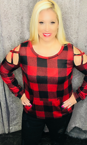 Easy Breezy Vibes - Cold Shoulder Buffalo Plaid Top