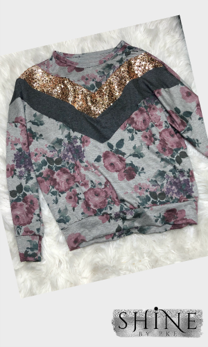 Fierce and Floral Long Sleeve Top with Rose Gold Sequins